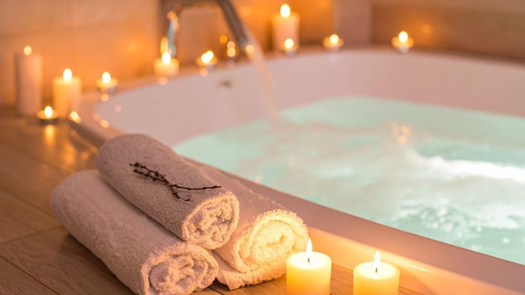 toalhas enroladas na beira de uma banheira com velas ao redor, ambiente relaxante